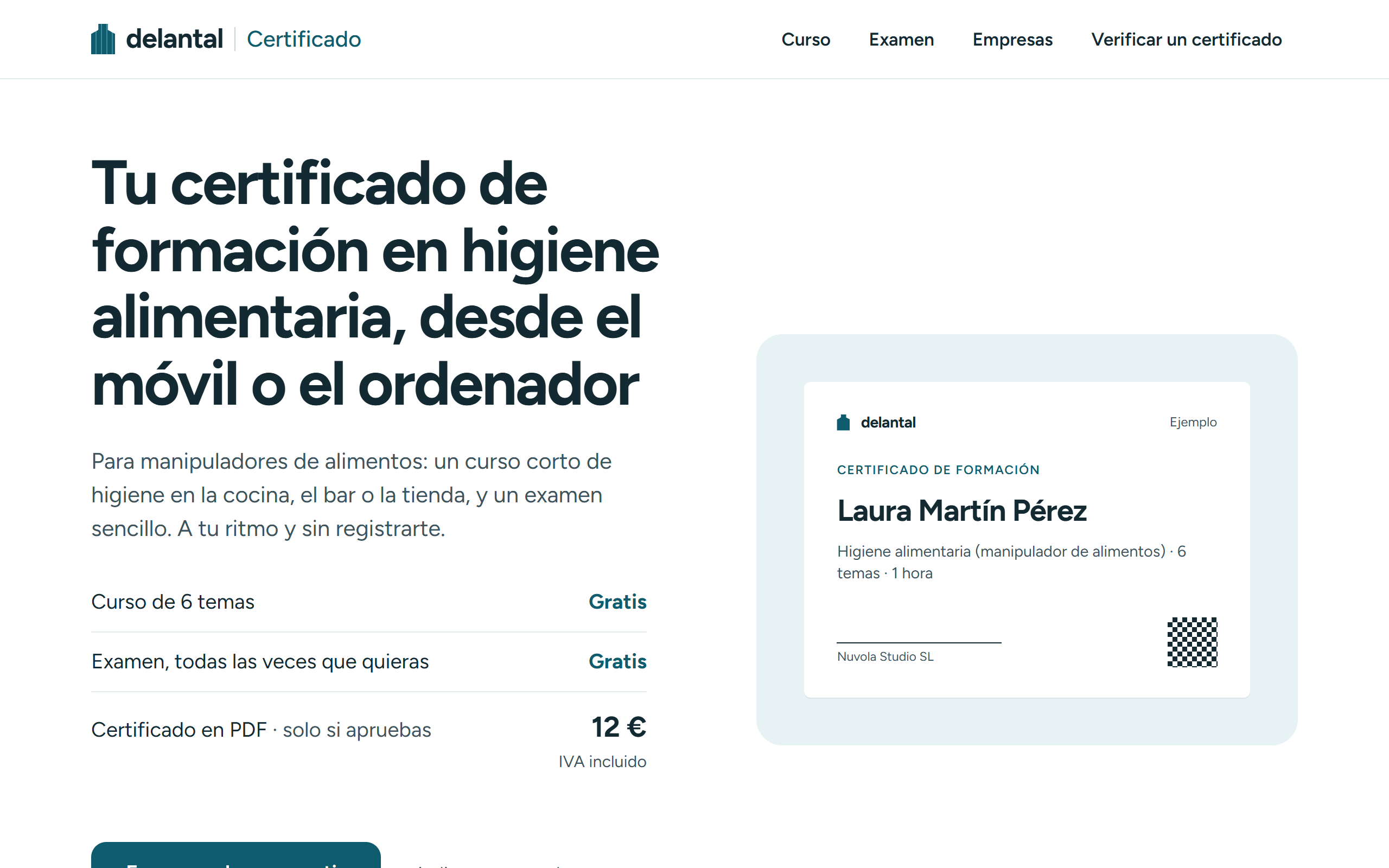 Portada de Delantal: «Tu certificado de formación en higiene alimentaria, desde el móvil o el ordenador», con el curso y el examen gratis, el certificado a 12 € y un certificado de ejemplo.