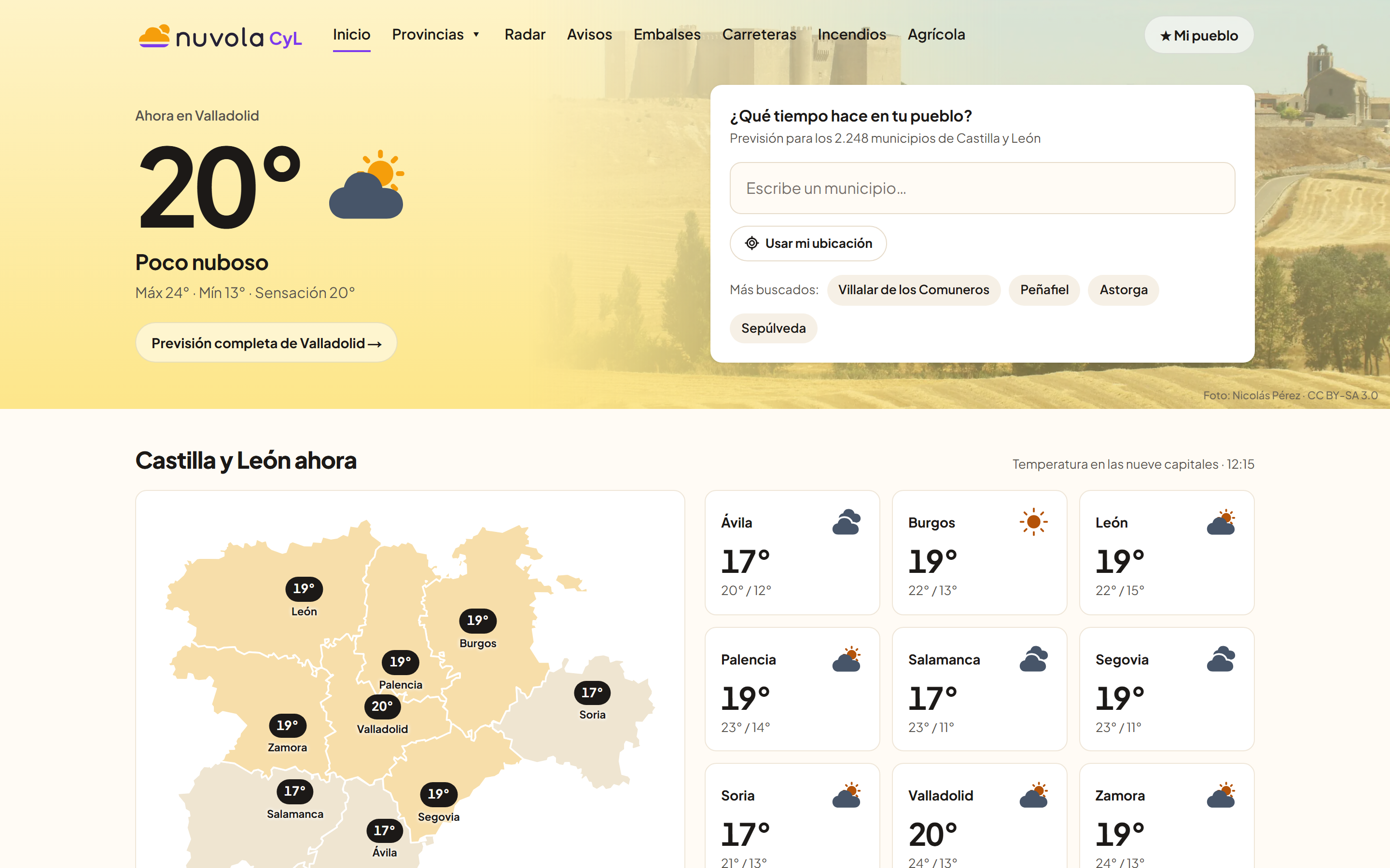 The Nuvola CyL home page: the current weather in Valladolid, the search box for the 2,248 municipalities and the map of Castilla y León.