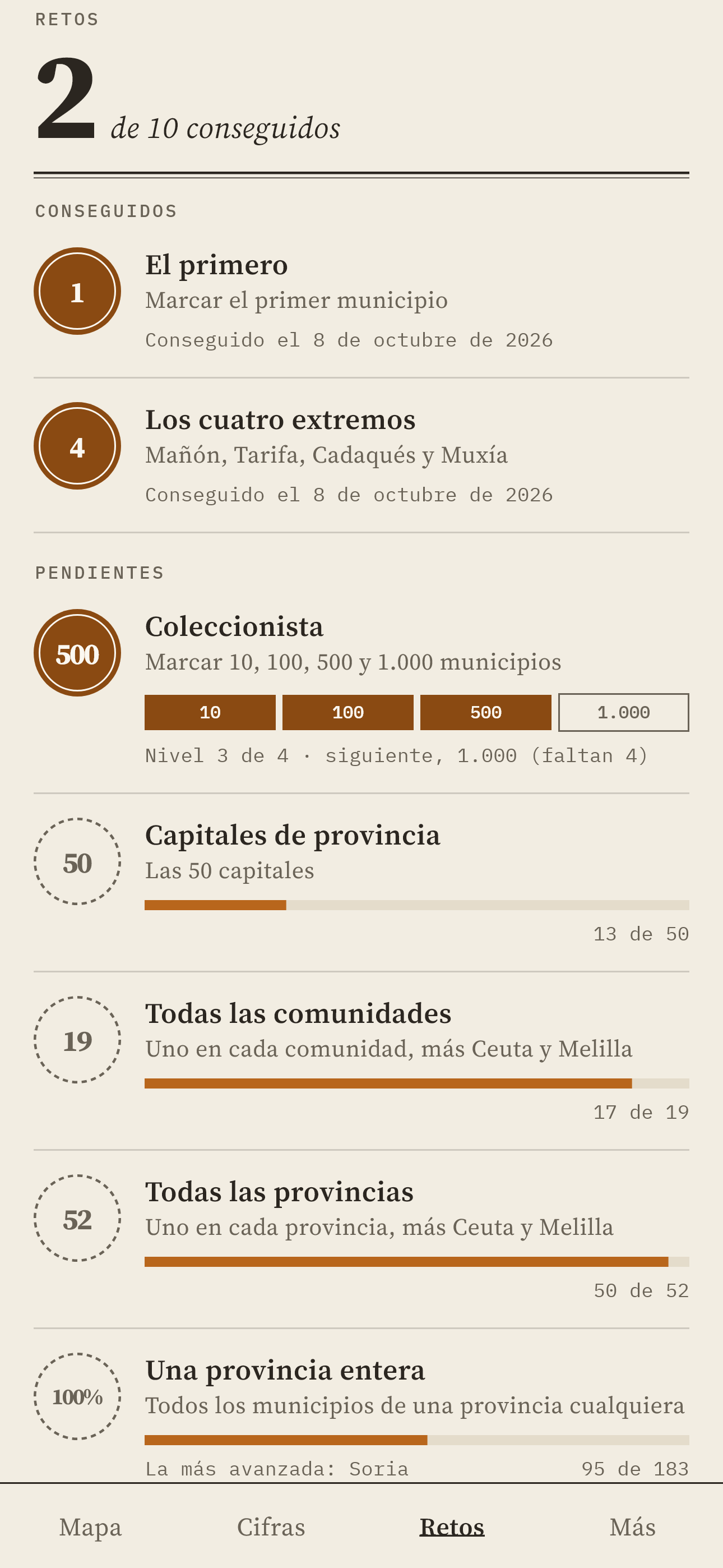 Pueblario on a phone: the challenges screen, with those completed and those still to do.