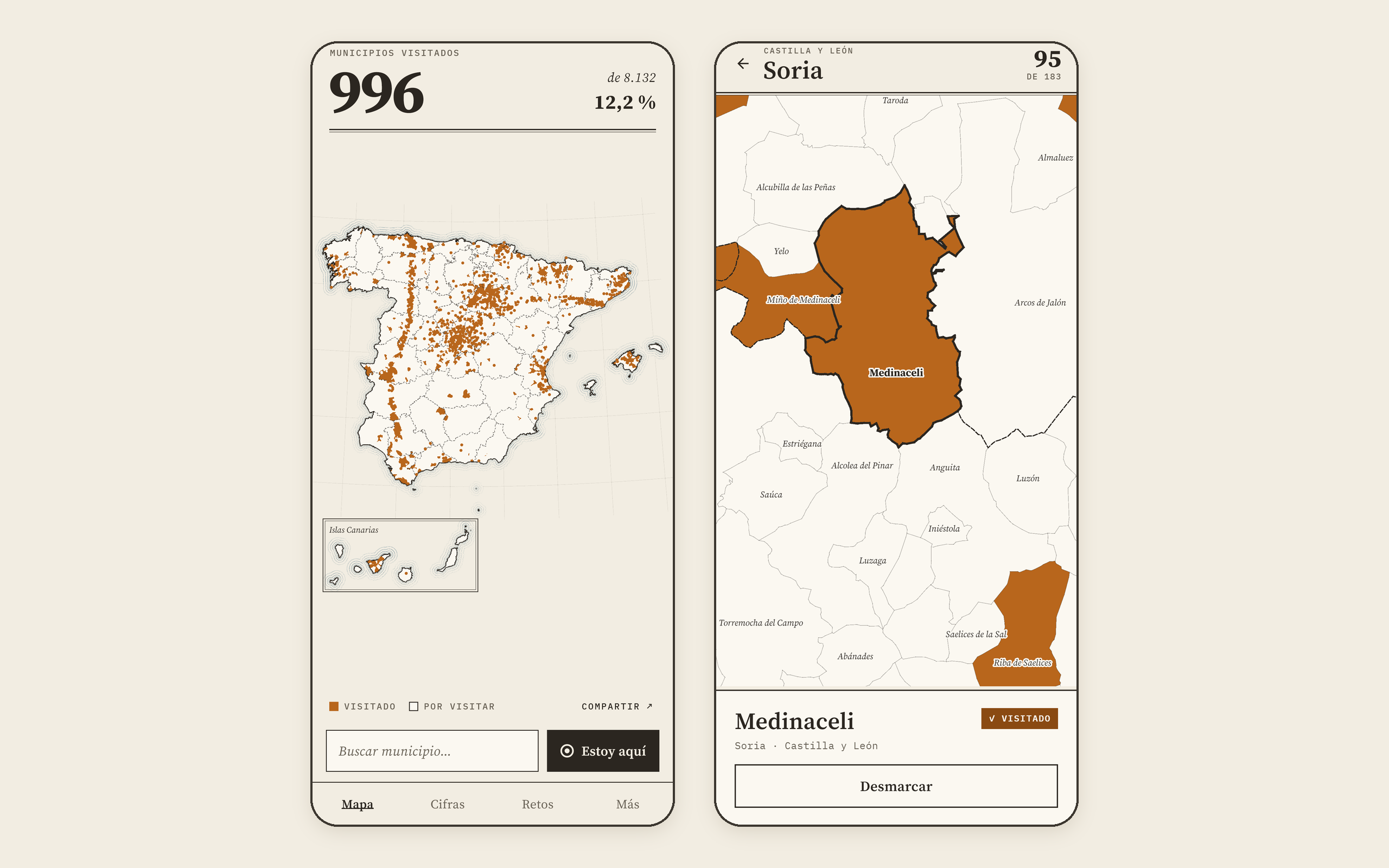 Pueblario on two phones: the map of Spain with 996 municipalities visited, 12.2%, and the province of Soria zoomed in with the card for Medinaceli.