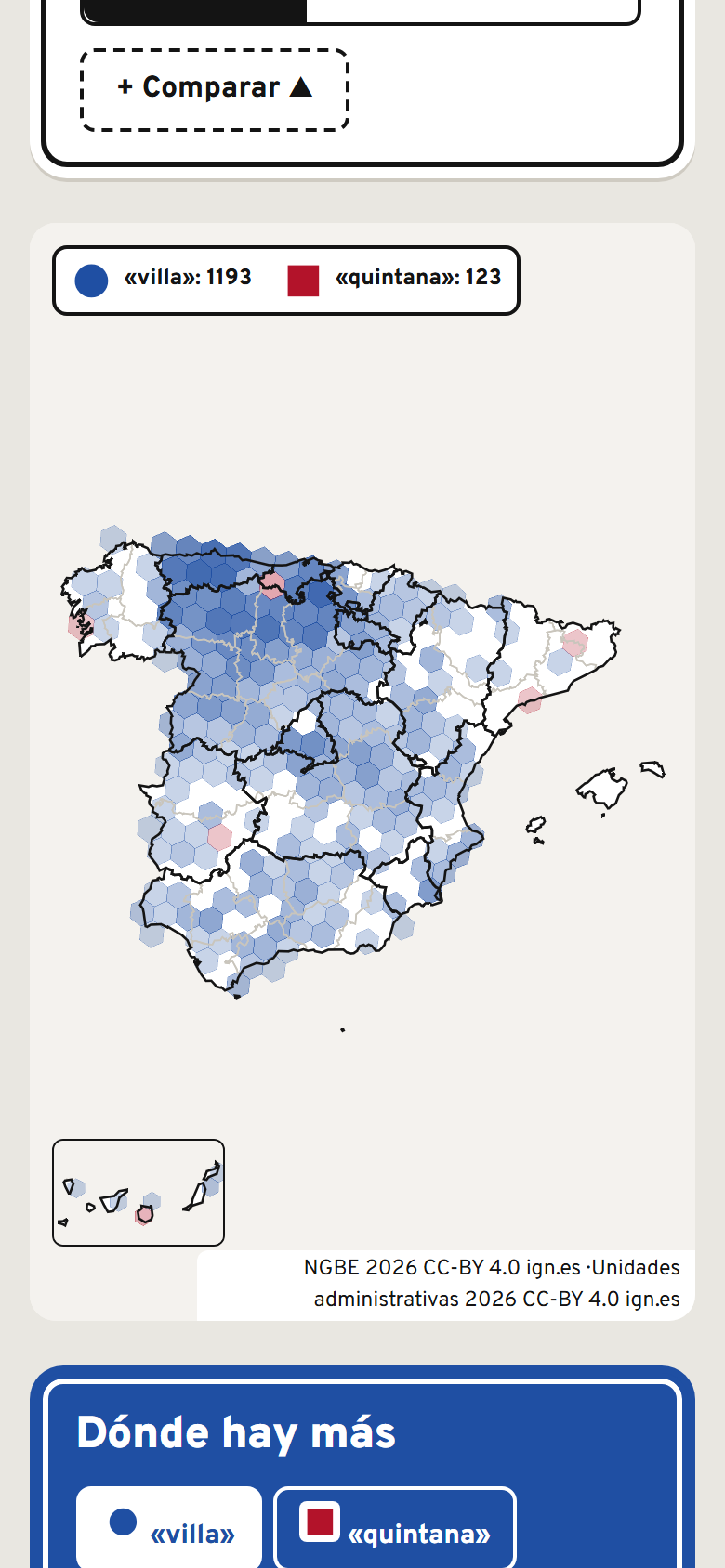 Tocayos en el móvil: el mapa de España comparando los lugares que empiezan por «villa» (1.193, en azul) y por «quintana» (123, en rojo), con más «villa» en el norte.