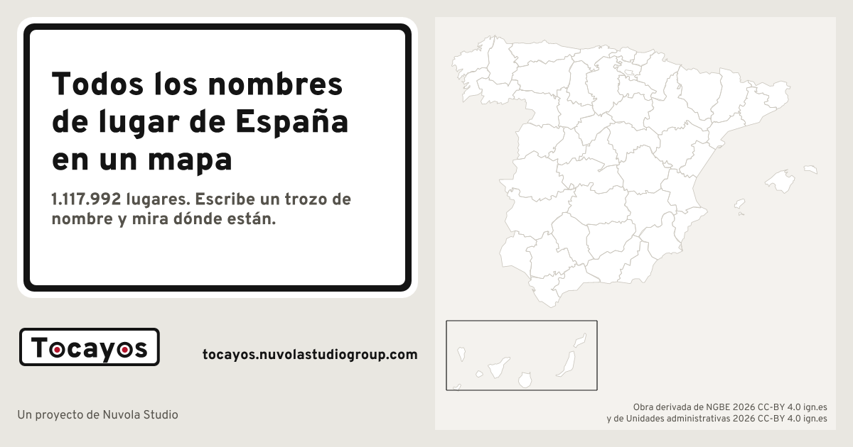 Tocayos: “Every place name in Spain on a map. 1,117,992 places. Type part of a name and see where they are”, next to the map of Spain.