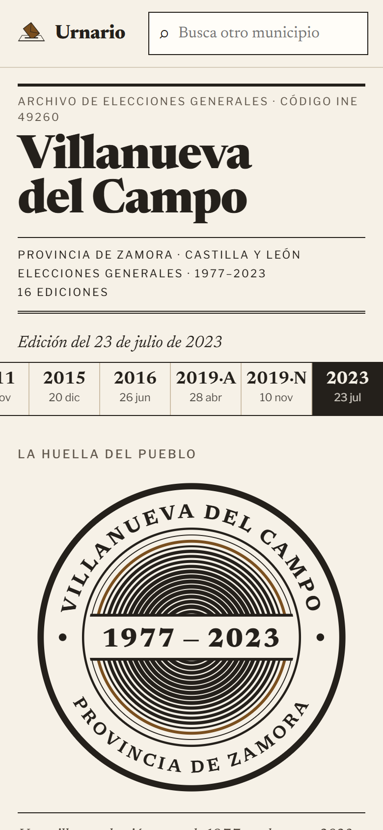 Urnario en el móvil, con la ficha de Villanueva del Campo (Zamora): la cabecera, las últimas elecciones y la huella del pueblo, un anillo por elección de 1977 a 2023.